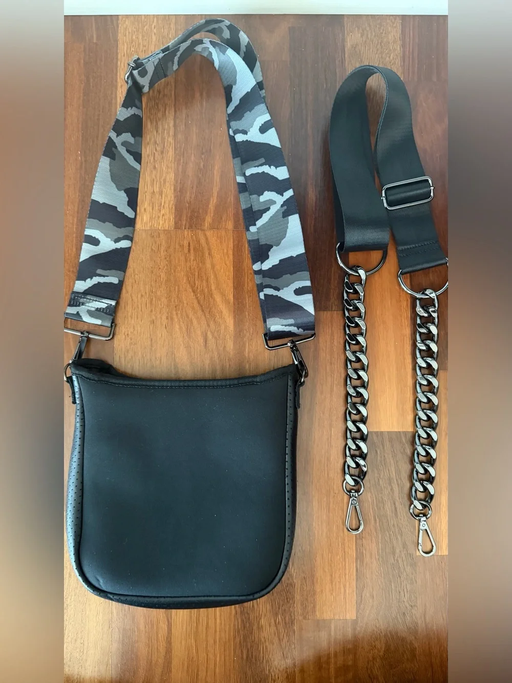 Haute Shore Black Scuba Crossbody Bag with Camouflage & Gunmetal Chain Strap